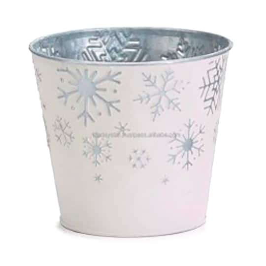White Metal Galvanized Christmas Planter with Snowflakes Sets